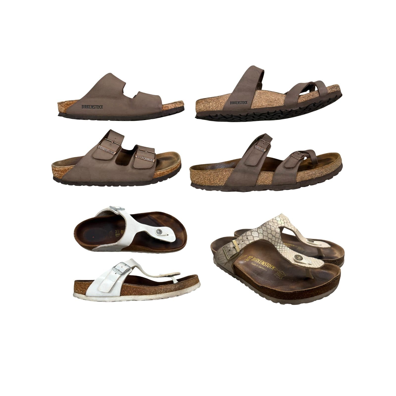Footwear — Six pairs of second-hand Birkenstock sandals on white: four brown nubuck pairs in two-strap and toe-post styles, one white toe-post pair and one metallic snake-print pair.