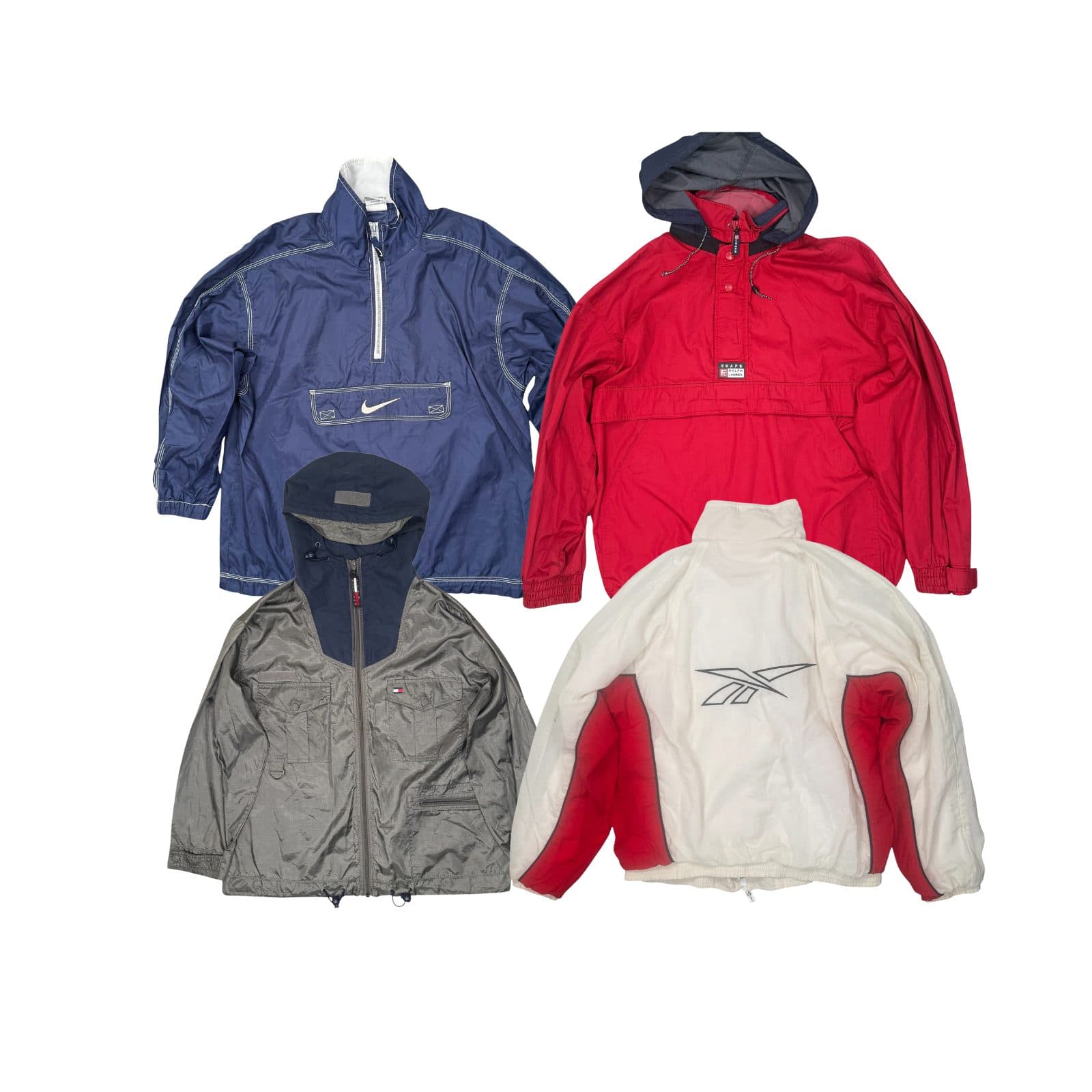 Four vintage jackets laid flat on white: a navy Nike quarter-zip pullover, a red Chaps Ralph Lauren hooded pullover, a grey and navy Tommy Hilfiger hooded jacket and a white and red Reebok fleece-lined jacket.