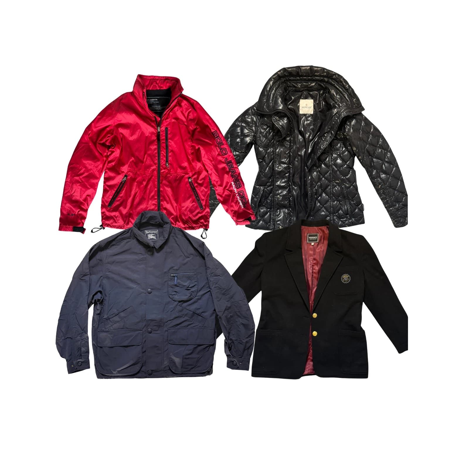 Luxury — A luxury outerwear lot on white: a red Polo Jeans Co zip jacket, a black quilted Moncler, a navy Burberry field jacket and a black Versace blazer with gold buttons.