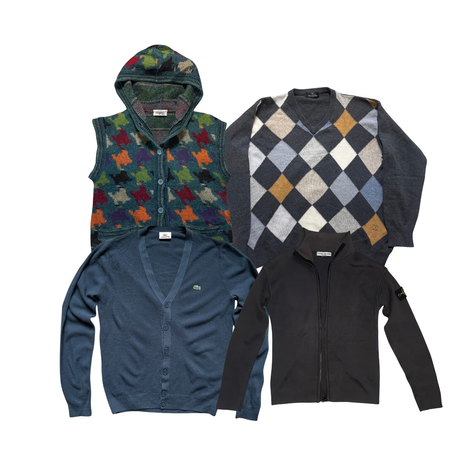 Four pieces of designer knitwear laid flat on white: a Missoni Sport patterned hooded gilet, a Valentino argyle v-neck jumper, a blue Lacoste button cardigan and a black Stone Island zip-through knit.