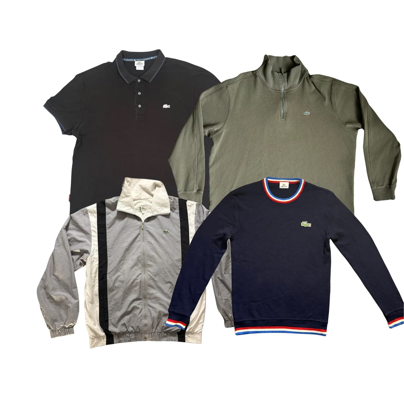 A men's Lacoste lot on white: a black piqué polo, an olive quarter-zip sweatshirt, a grey and black Lacoste shell jacket and a navy sweatshirt with tricolour ribbing.