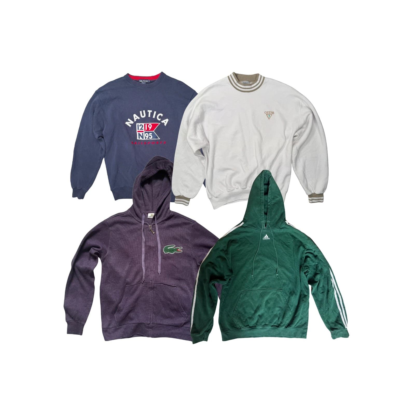 Jumpers & Sweats — A mixed hoodie and sweatshirt lot on white: a navy Nautica Sailsports crewneck, a white Guess crewneck, a purple Lacoste zip hoodie and a green three-stripe Adidas hoodie.
