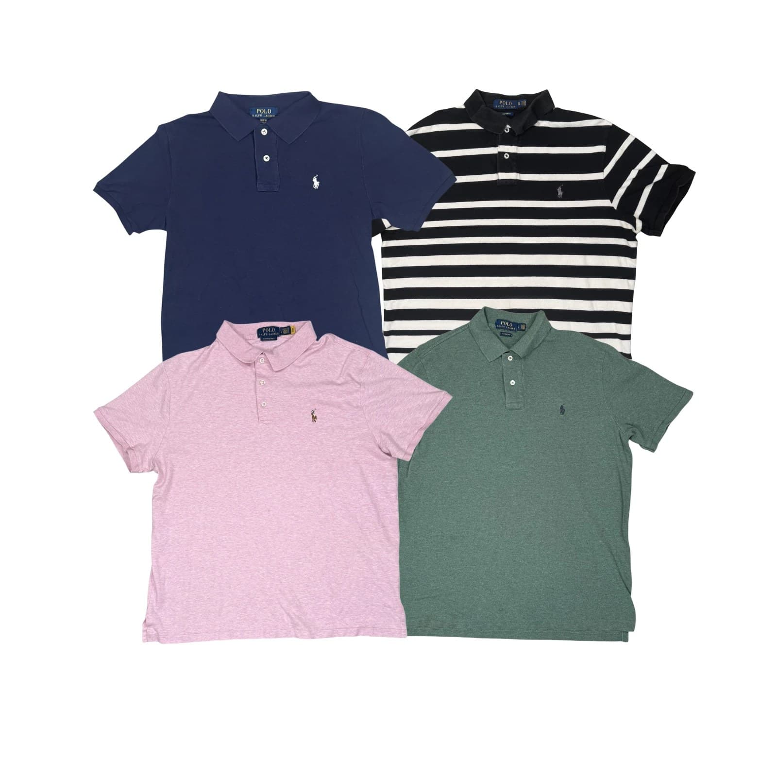 Polos & T-Shirts — Four Polo Ralph Lauren piqué polos on white: navy, black and white stripe, pink marl and green marl.