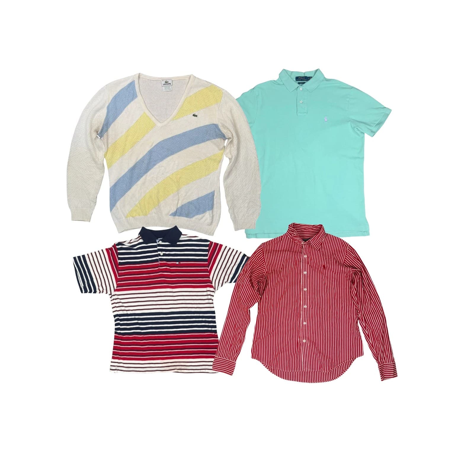 A Ralph, Tommy and Lacoste mix on white: a cream Lacoste diagonal-stripe knit, a mint Polo Ralph Lauren piqué polo, a red, navy and white Tommy Hilfiger striped polo and a red-striped Ralph Lauren shirt.