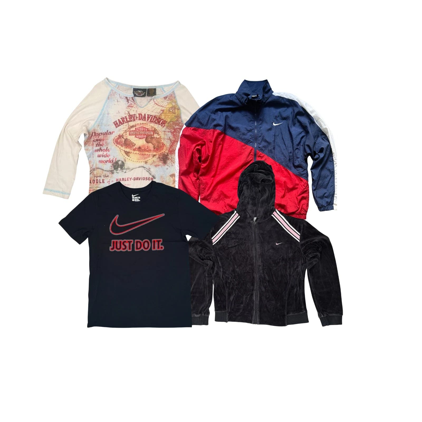 A ten-piece starter box laid out on white: a cream Harley-Davidson three-quarter-sleeve top with a world-map print, a navy and red Nike windbreaker, a black Nike Just Do It t-shirt and a black velour zip hoodie with pink shoulder stripes.