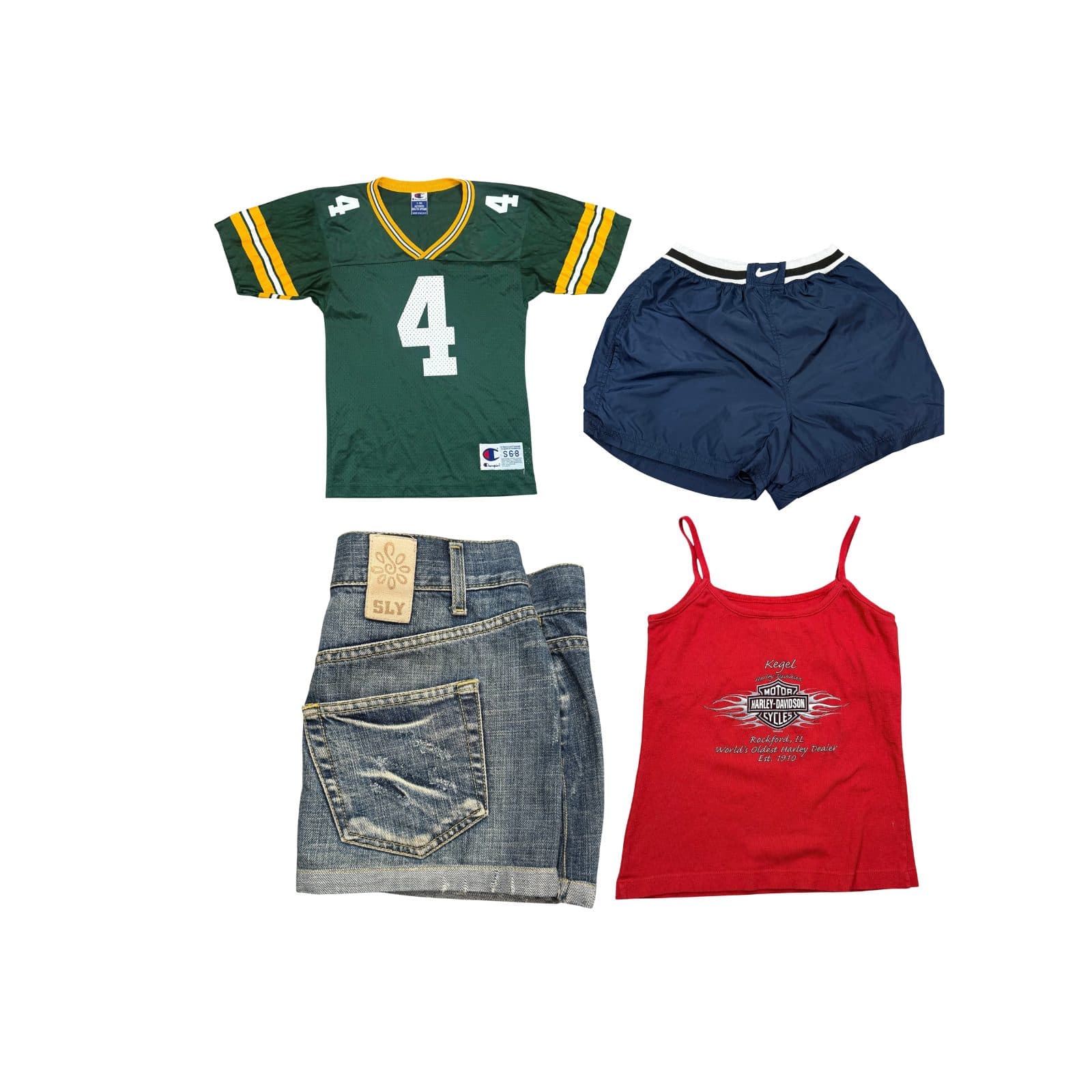 Summer Mix — A women's Y2K summer mix laid out on white: a green Champion number 4 football jersey, navy Nike shorts, distressed SLY denim shorts and a red Harley-Davidson vest top.