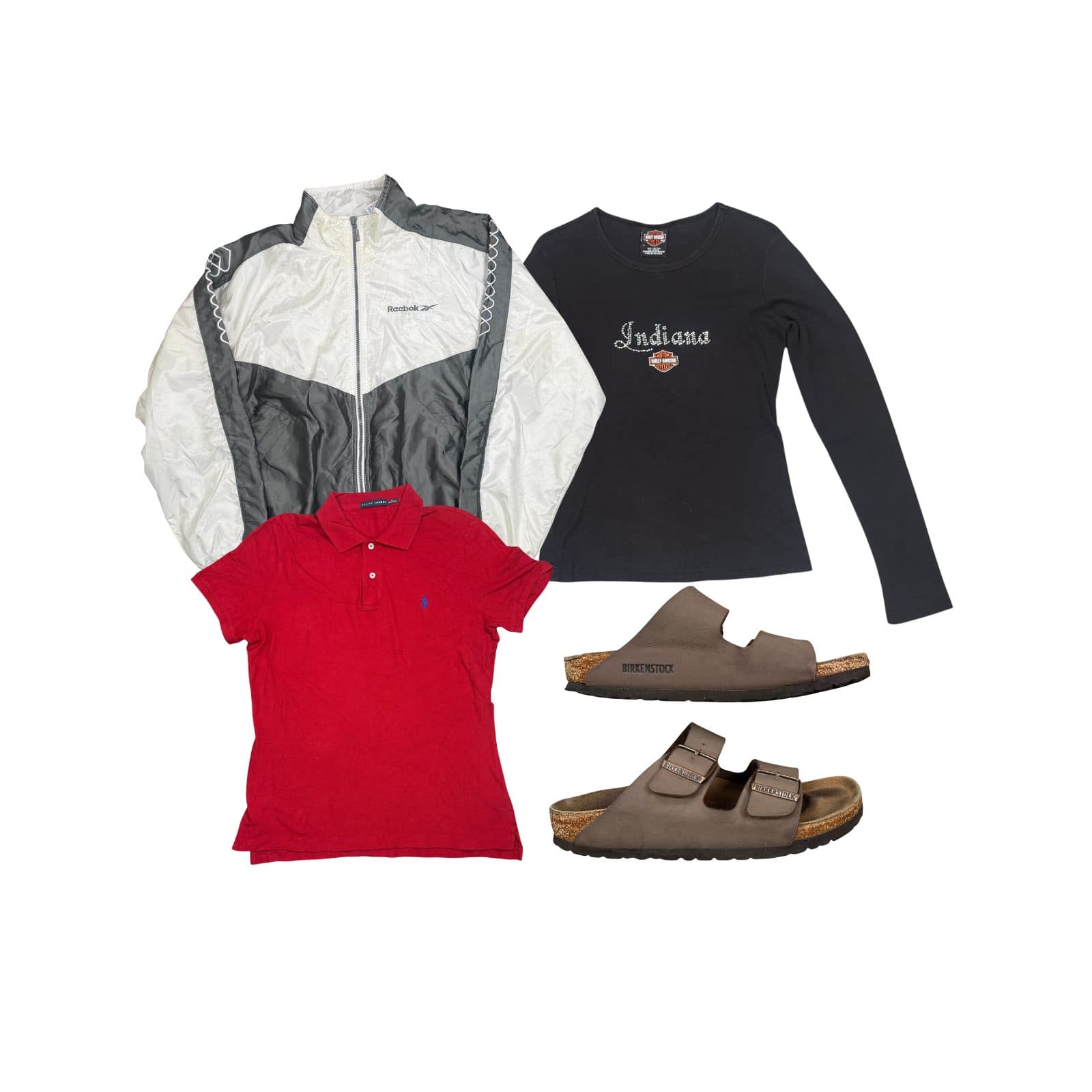 A women's Y2K mix laid out on white: a white and grey Reebok shell jacket, a black Harley-Davidson Indiana long-sleeve top, a red Ralph Lauren polo and a pair of brown Birkenstock sandals.