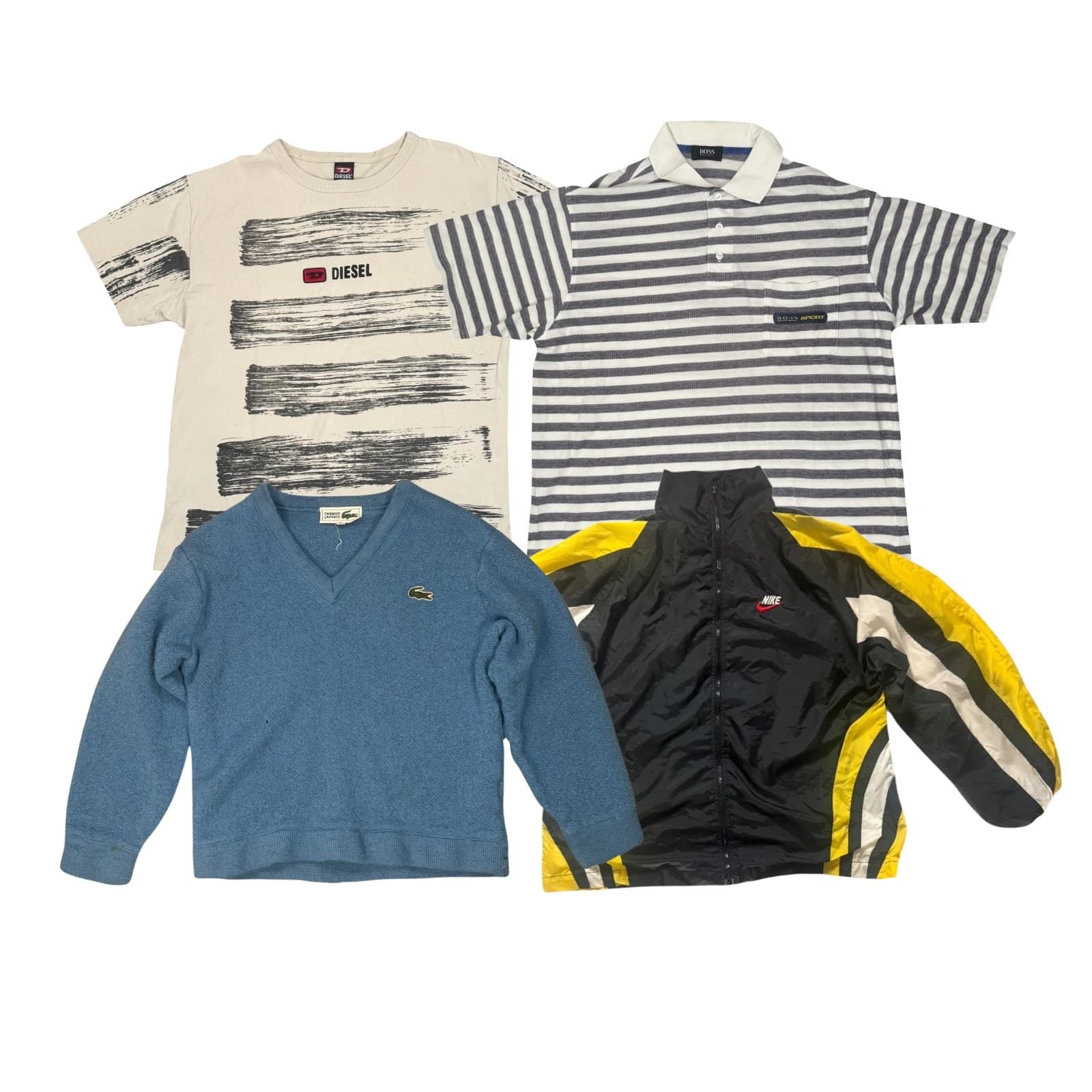 A men's Y2K designer mix on white: a cream Diesel brushstroke tee, a navy-striped Boss Sport polo, a blue Lacoste V-neck knit and a black and yellow Nike shell jacket.